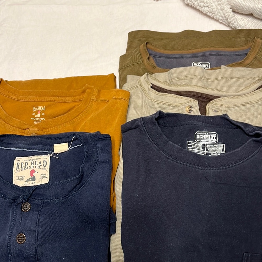 3xl long sleeve. Red head and Schmitt. 4 henley style.